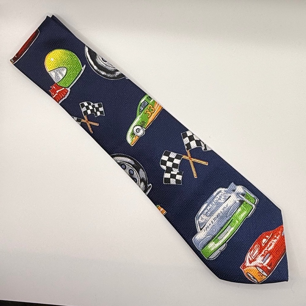 A. Rogers Race Car Tie OS Vintage 90s Nascar Racing Checkered Flag Sporty Navy